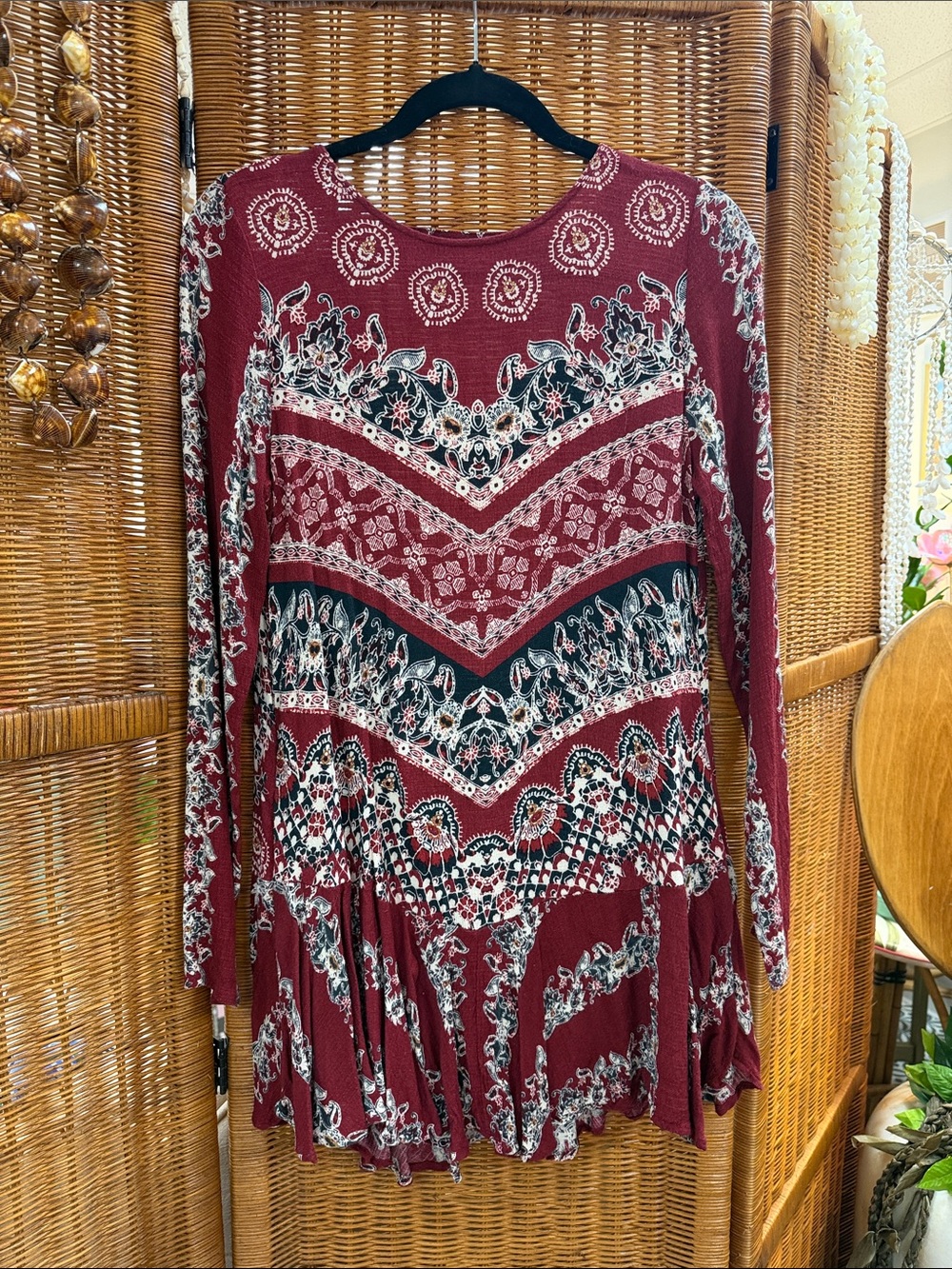 Free People Burgundy Boho Long-Sleeve Tunic Dress | SIZE XS